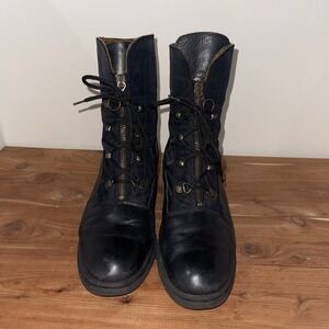 Women's Sz 10M Aquatalia Black Leather Nylon Combat Boots Italy Streetwear